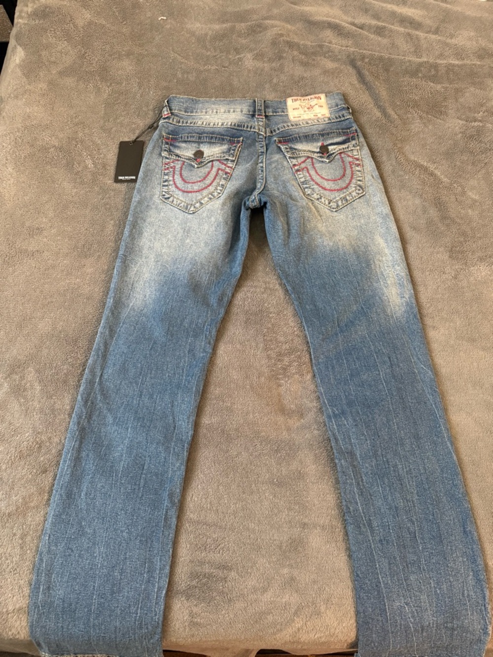 True Religion Men's Light Blue Slim Straight Jeans with Embroidered Back